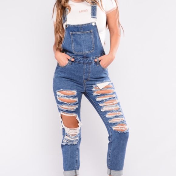 Fashion Nova Denim - Fashion Nova Distressed Medium Wash Overalls
